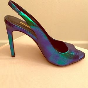 BCBG teal/blue metallic sling backs
