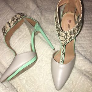 Mint green and snake print pumps