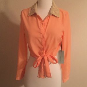 Peach Long Sleeve Tie Top with Lace Collar