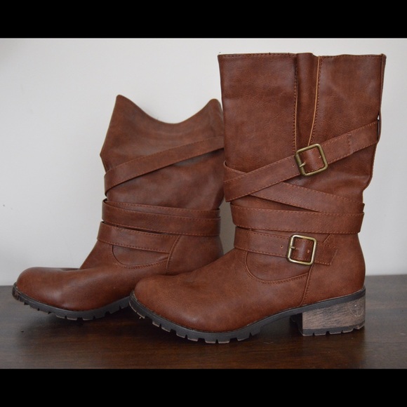 Brown leather moto boots