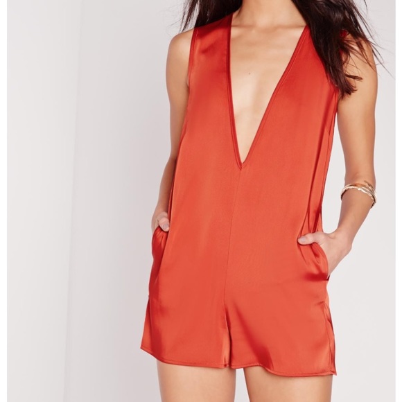 Missguided Orange Satin Plunge Romper - Picture 5 of 7