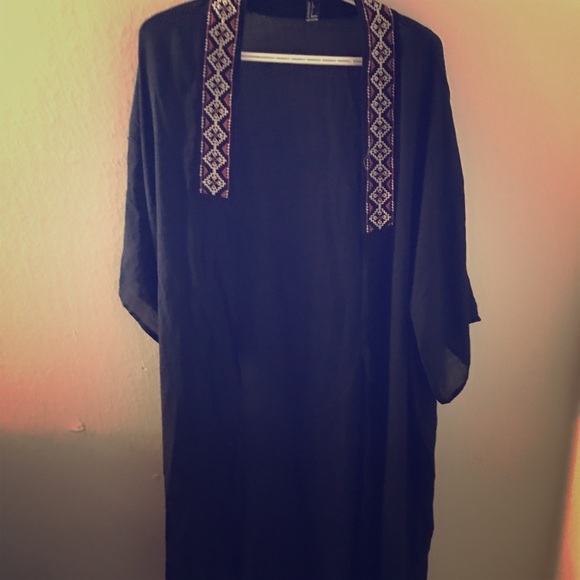 Long Black Printed Kimono