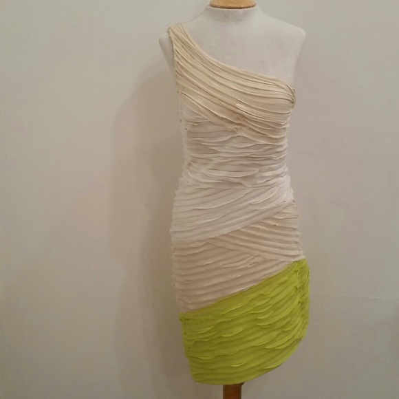 Bebe creme/white/lime one shoulder dress