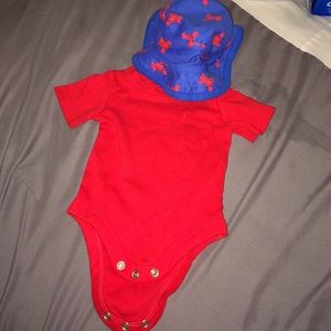 Newborn Red Onesie And Lobster Bucket Hat