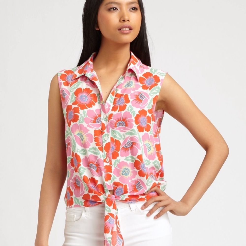 Theory Pink Michikomaui Floral Tie Front Blouse