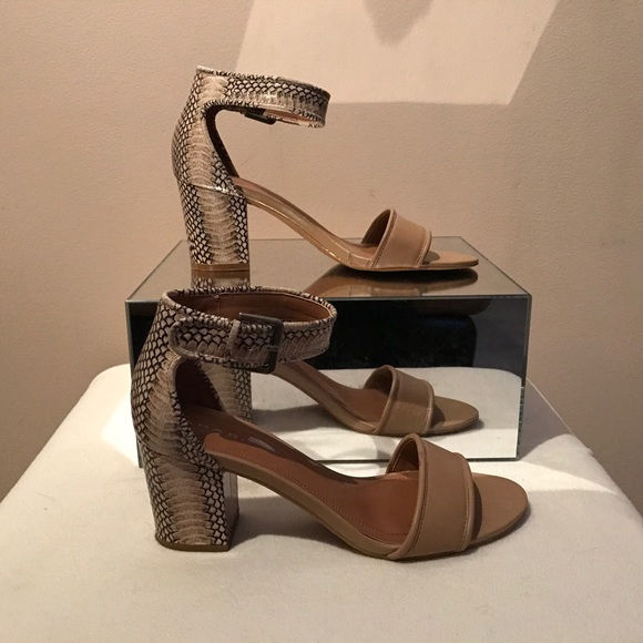 TAHARI nude and snake-embossed ankle strap sandal
