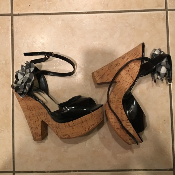 BeBe black paten leather wedges