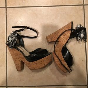 BeBe black paten leather wedges