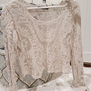 White Crochet Lace Mesh Long Sleeve Crop Top.