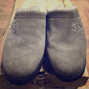 Tan UGG slip on shoe with little heel.