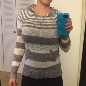 Striped Gray and White Hoodie Sweater