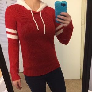 Women's Red and White Hooded Sweater