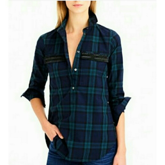 J. Crew Tops - J. Crew Plaid Collared Shirt with Beaded Pockets