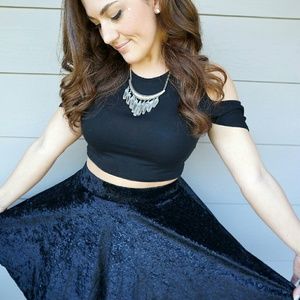 Black Boohoo Velvet Flocked Skater Skirt