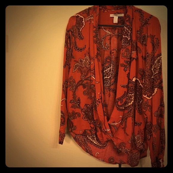 Open Neck Orange Paisley Long Sleeve Shirt - Picture 1 of 2