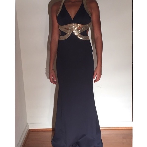 navy blue dress with gold accents