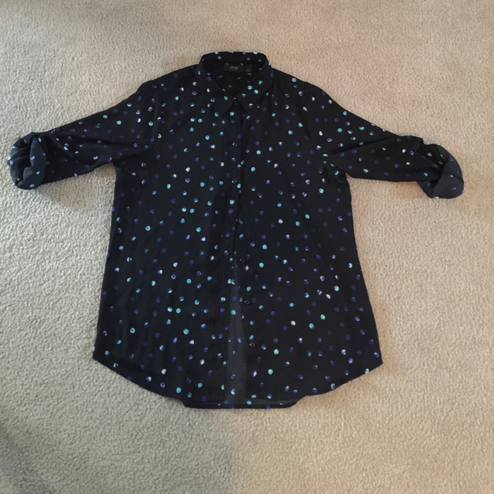 Classy blouse - black w/blue and turquoise dots.
