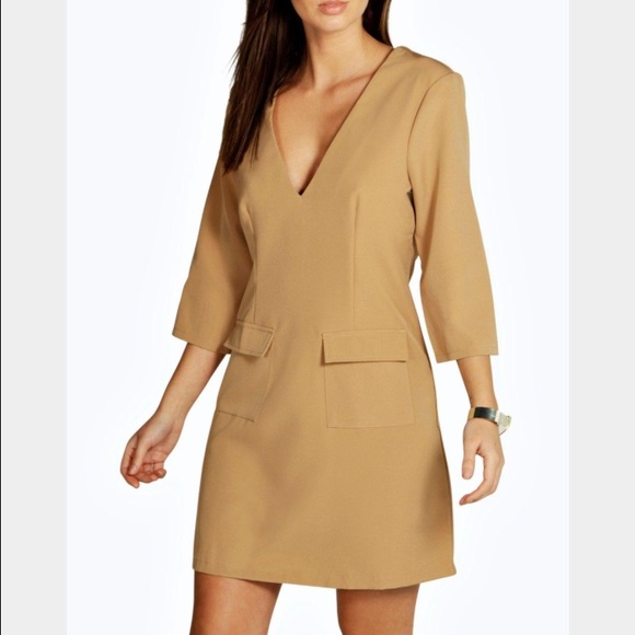 NEW Tan Plunge Shift Dress
