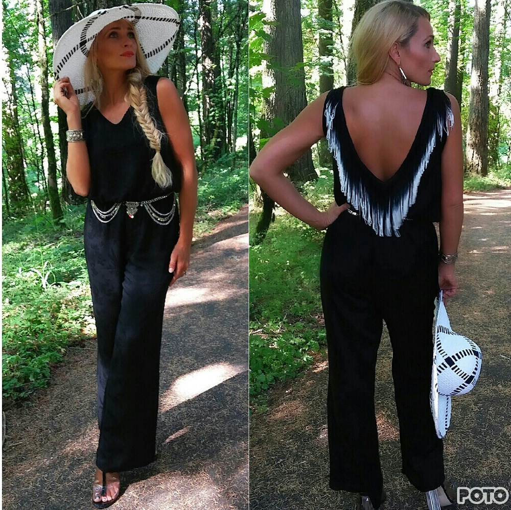 Black Jumpsuit Sassy Fringe Detail - Picture 2 of 4