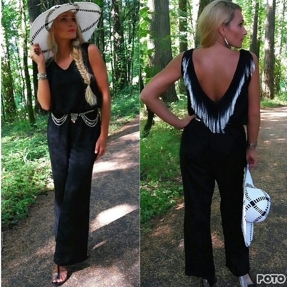 Black Jumpsuit Sassy Fringe Detail - Picture 2 of 4