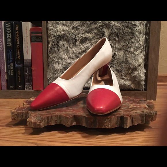 Vintage Red & White Cap Toe Nickels Kitten Heels