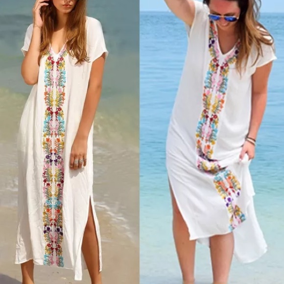 FLORAL Embroidered Maxi DRESS Coverup Kimono NEW - Picture 3 of 6