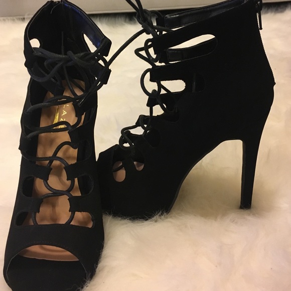 Black Lace Up Open Toe Booties