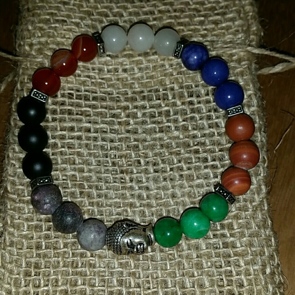 Silver buddha head mix gemstone stretch bracelet