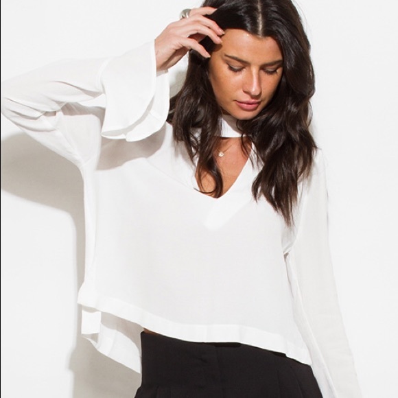 IVORY WHITE CHOKER NECK CUT OUT LONG BLOUSE TOP