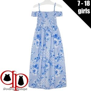 🚺👗Big Girls 7-18 Blue Printed Chiffon Maxi Dress