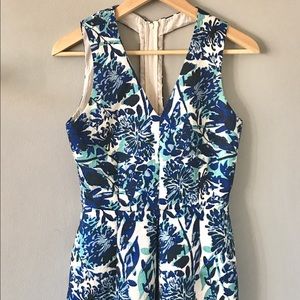 Blue floral print brocade dress