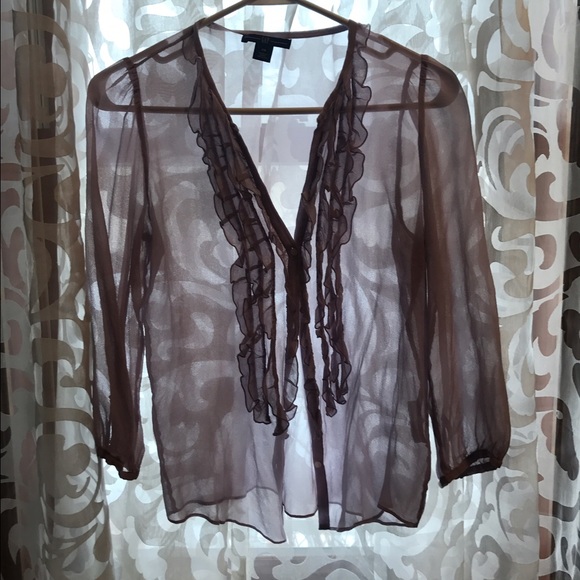 Light violet, sheer silk ruffle front gap blouse