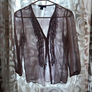 Light violet, sheer silk ruffle front gap blouse