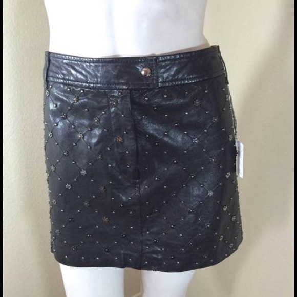 Moschino Black Leather Flower Embellished Skirt