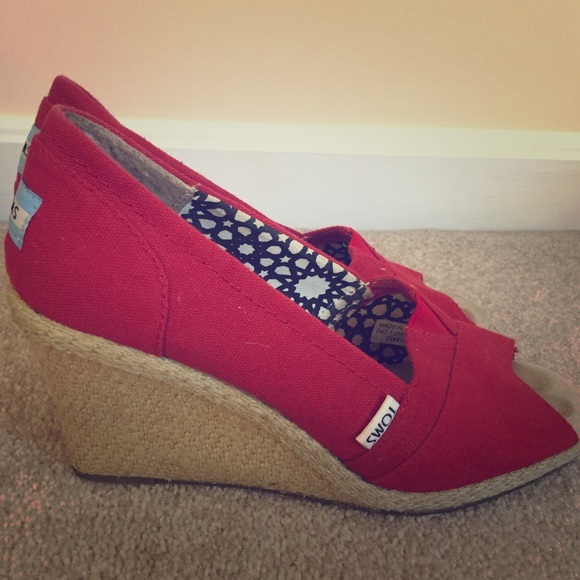 Toms Wedges Women Open Toe Canvas Red Wedge Sandal