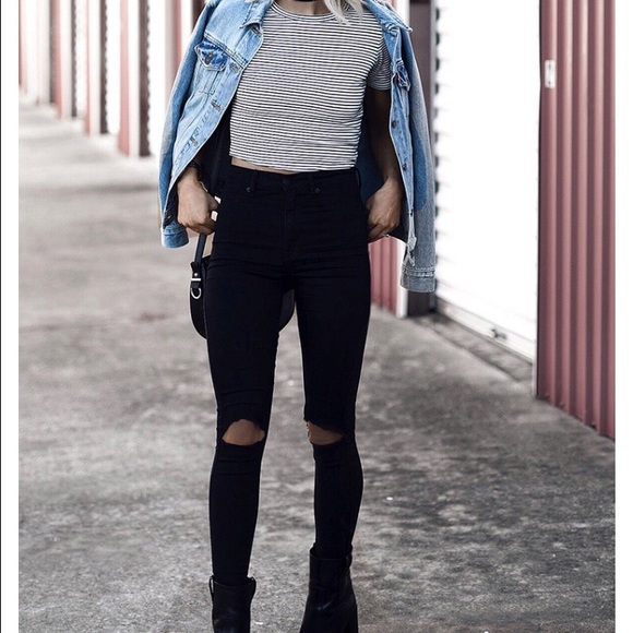 Black ripped knee raw hem jeans