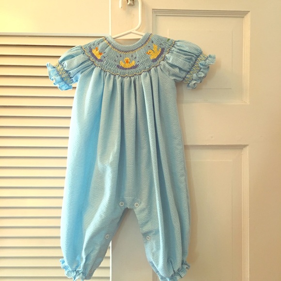 Smocked duckie seersucker Bubble. 6 months