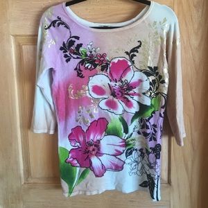 MED cache sweater top gold floral print PRETTY!