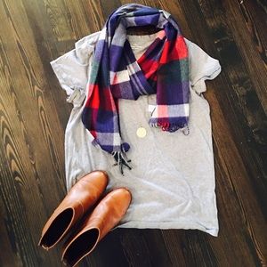 NWOT 100% Cashmere Red Navy Grey Green Scarf