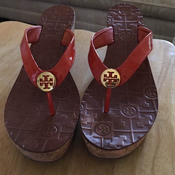 Tory Burch orange and cork wedges, barely worn!