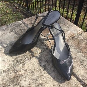 Black embossed kitten heeled sling back