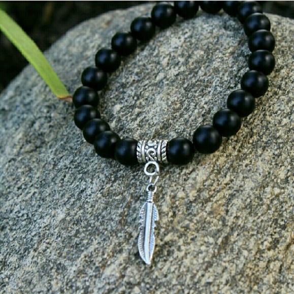 Matte black silver feather charm bracelet
