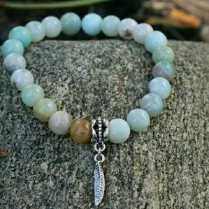 Amazonite gemstone silver feather charm bracelet