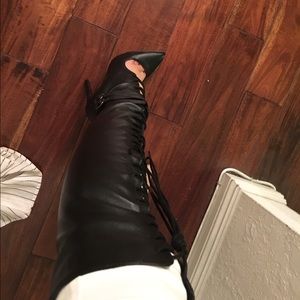 Black lace up thigh high boots