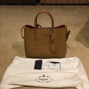 Prada Saffiano Double Cuir Small Tote- Caramel