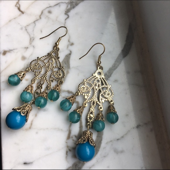 Aquamarine Gold Chandelier Earrings from Express