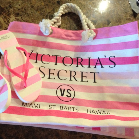 VS beach tote, swimsuit bag, and flip flops