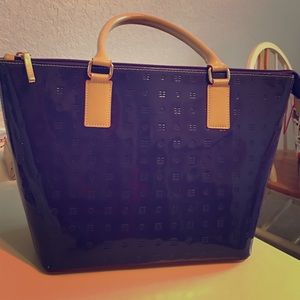 Indigo blue patent leather handbag