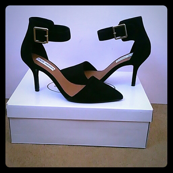 Black suede kitten heels with gold hardware