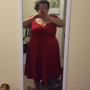Torrid red dress with sheer polka dot sleeves